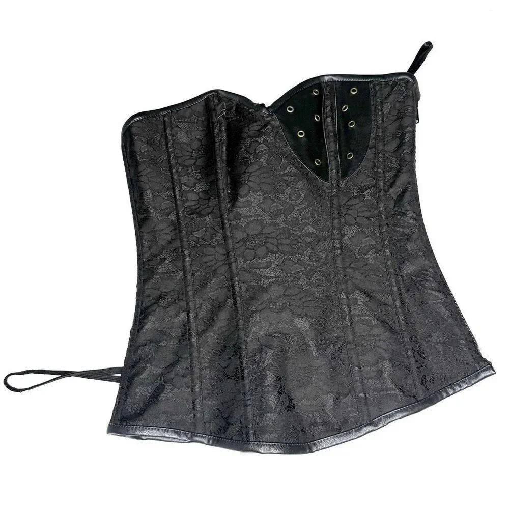 Black Lace Corset Bustier Faux Leather Trim Zip Front Size M